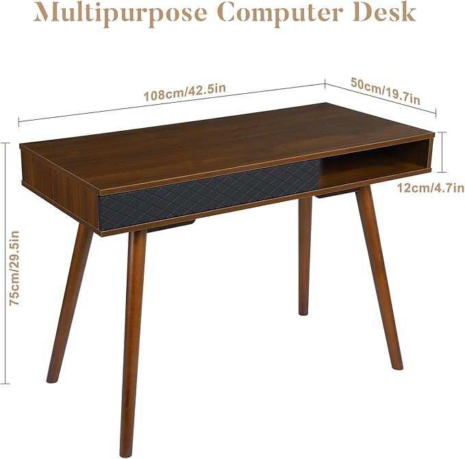 GAOMON Modern Simple Home Office Desk Mid Century Modern Computer Writing Desk with Drawer Solid Wood Legs and Open Storage Cubby Small Vanity Table Desk for Bedroom (Walnut)