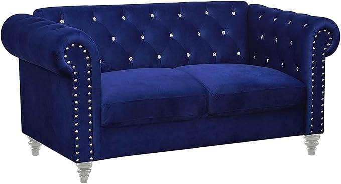 New Classic Furniture Glam Emma Velvet Two Seater Chesterfield Style Loveseat for Small Spaces with Crystal Button Tufts Royal Blue