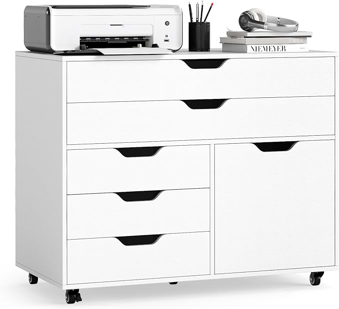 MAT EXPERT 5-Drawer Mobile File Cabinet w/Door Lateral Filing Cabinet w/5 Universal Wheels Rolling File Cabinets with Storage Modern Wood Printer Stand for Home Office Living Room Study (White)