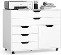 MAT EXPERT 5-Drawer Mobile File Cabinet w/Door Lateral Filing Cabinet w/5 Universal Wheels Rolling File Cabinets with Storage Modern Wood Printer Stand for Home Office Living Room Study (White)