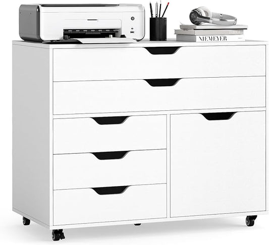 MAT EXPERT 5-Drawer Mobile File Cabinet w/Door Lateral Filing Cabinet w/5 Universal Wheels Rolling File Cabinets with Storage Modern Wood Printer Stand for Home Office Living Room Study (White)