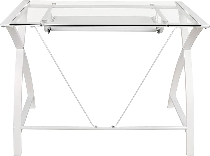 Flash Furniture Jude Clear Tempered Glass Computer Desk with White Pull-Out Keyboard Tray and White Crisscross Frame