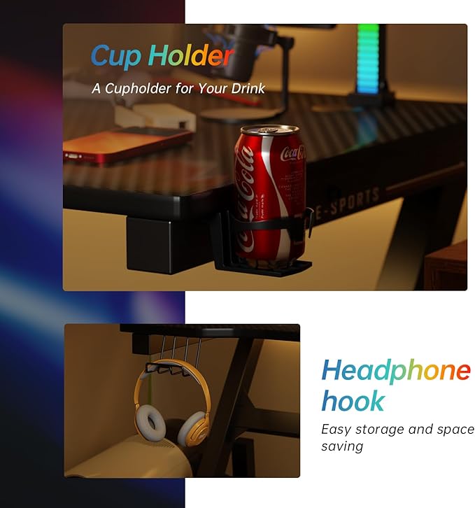 47 Inch Gaming Computer Desk Ergonomic Carbon Fiber PC Table Large Computer Desk PC Gaming Workstation Home Office Desks with Cup Holder Headphone HookRed