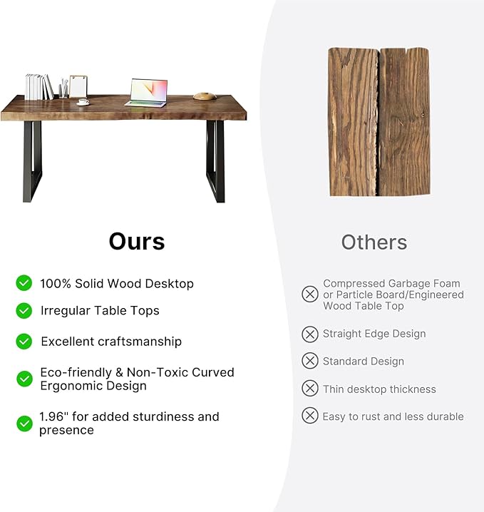 Solid Wood Desk 55 inches Home Office Computer Desk Wooden Rustic Writing Desk Metal Modern Simple Design Executive Real Wood Desk(Dark Brown)