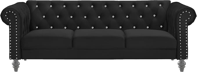 New Classic Furniture Glam Emma Velvet Three Seater Chesterfield Style Sofa for Small Spaces with Crystal Button Tufts Black