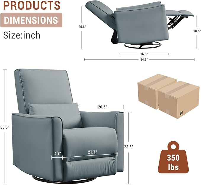 GarveeHome Recliner Chair 360° Swivel Rocker Glider Nursery Chair with Padded Armrest and Deep Seat PU Leather Upholstered Reclining Sofa Chair for Living Room Bedroom and Nursery (Gray)