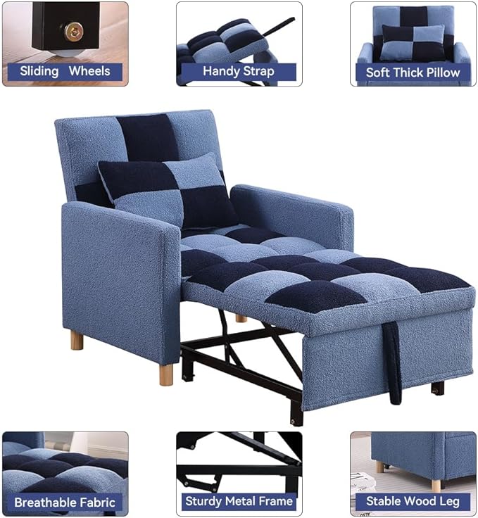 Sleeper Chair Bed - Convertible Single Sofa Chair Bed with PillowPull Out Sleeper Bed with Adjustable BackrestMulti-Functional Lounge Chair with Teddy Fabric for ApartmentLiving Room (Blue)