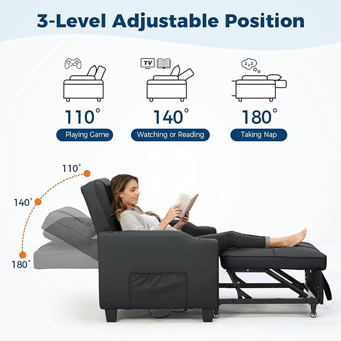Sleeper Chair Pull Out Bed 4 in 1 Convertible Sofa Chair Bed with Vibration Massage Lumbar Pillow Single Sofa Recliner with USB/Type-C Port Cup Holders and Side Pocket for Small Spaces (Black)