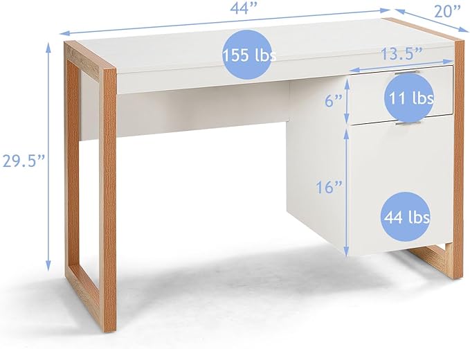 MAT EXPERT 44” Computer Desk White Desk w/Drawer &amp Storage Cabinet for Study Work Makeup Modern Writing Desk PC Laptop Office Table for Bedroom Small Corner Home Office