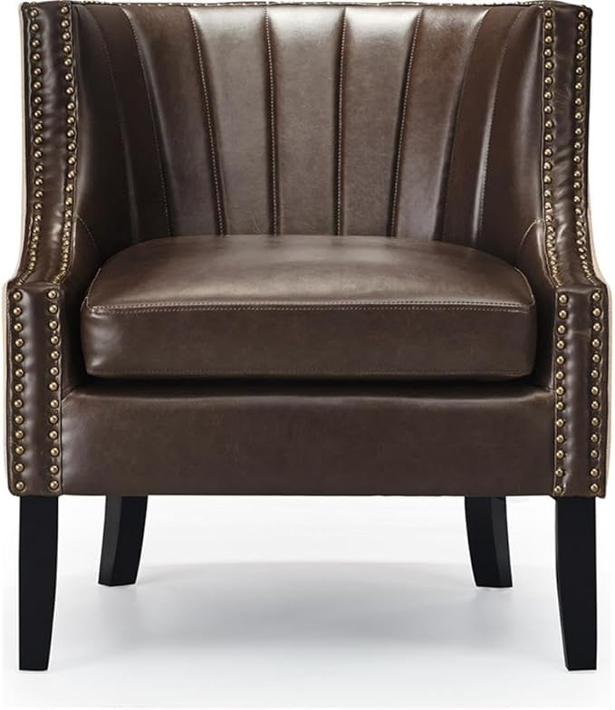 Tommy Hilfiger Dorset Leather Club Chair Brass Nailhead Accent Trim High Back Reading Armchair Traditional Living Room Furniture Chesterfield Brown