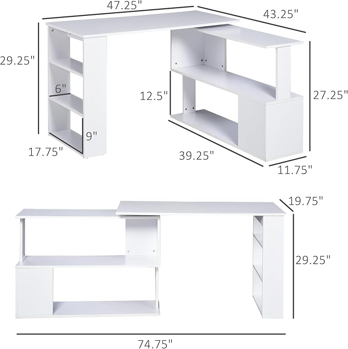 L Shaped Corner Desk 360 Degree Rotating Home Office Desk with Storage Shelves Writing Table Workstation White