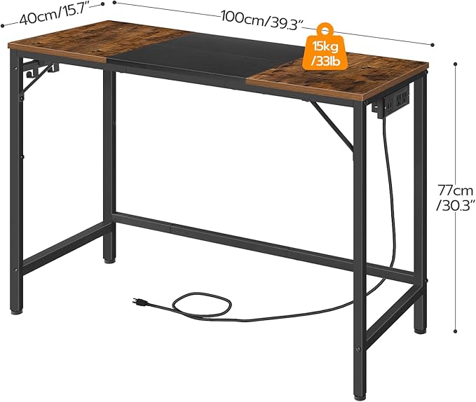 HOOBRO Computer Desk Home Office Desk with Power Outlet Modern Study Writing Desk with 3 Hooks for Study Room Home Office Sturdy and Stable Easy to Assemble Rustic Brown and Black BF41UDN01
