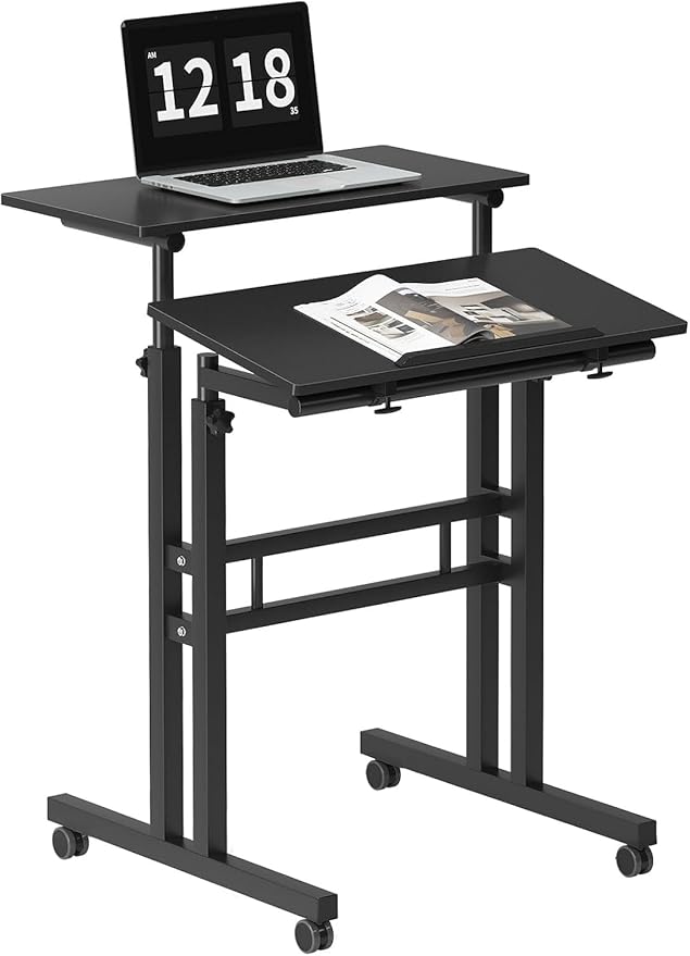 sogesfurniture Mobile Standing Desk Laptop Workstation on Wheels Adjustable Computer Desk for Standing or Sitting Black 101-BK