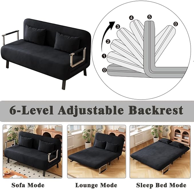 Convertible Queen Sleeper Chair Bed 55 Tri-Folding Sofa with 6 Adjustable Backrests Comfy Velvet Loveseat Sleeper Modern Futon Sofa Bed for Living RoomSmall SpaceOffice (Black)
