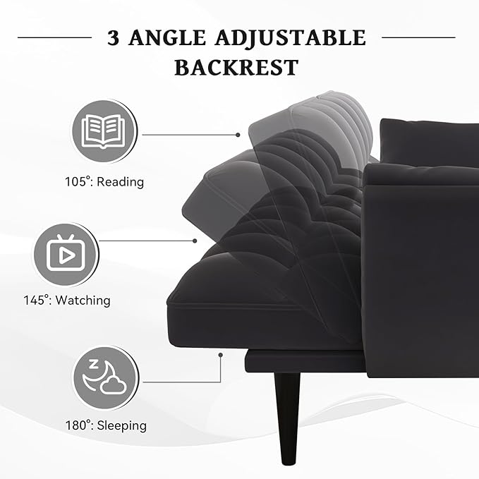 KINFFICT 57 inch Black Futon Sofa Couch Bed Comfy Velvet Upholstered Loveseat Convertible Sleeper Sofa cama with Adjustable Backrest Mid Century Modern Sofas for Living Room Bedroom Small Space