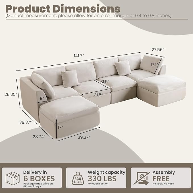 U Shape Modular Sectional Sofa 4 Seater Modular Couch with Ottomans Fully Compressed Boneless Modular Sofa for Living Room (Warm White)