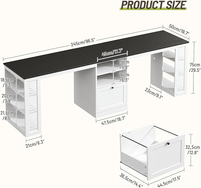 Farmhouse 96.5 Computer Desk for 2 Person Two Person Desk with Drawer &amp Shelves Long Writing Desk with Rising Table and Pegboard for Home Office Black and White