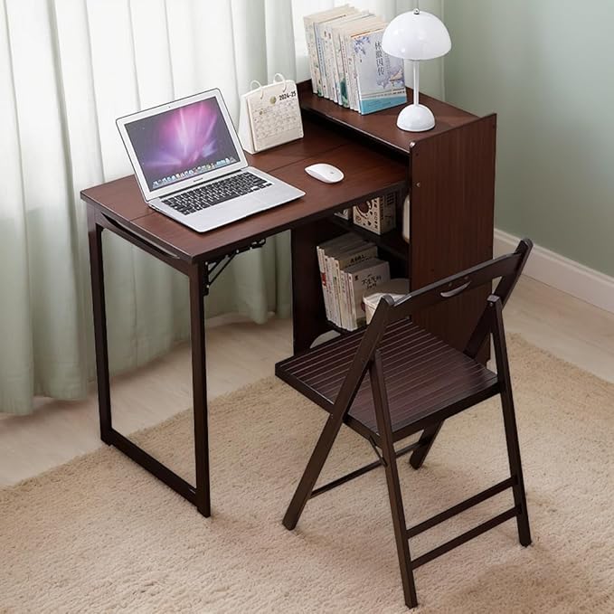 Wall Mounted Office Desk Fold Out Convertible Computer Desks with Storage Shelves Multi-Function Folding Wall Desk Writing Table for for Small Spaces Home Office (Walnut)