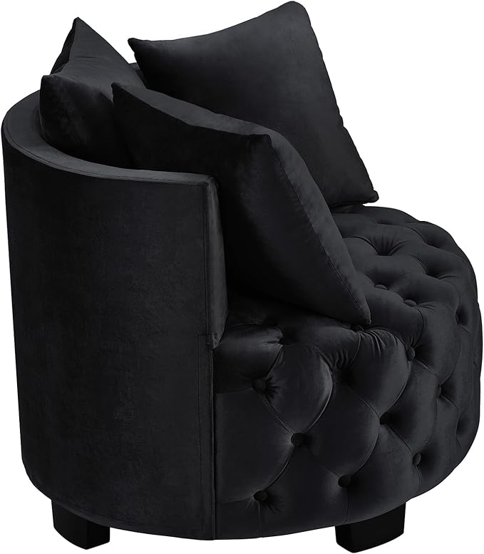 Velvet Accent Lounge Chair - 31.25''W Upholstered Button Tufted Velvet Barrel Chair with 3 Pillows with Button Tufted Modern Round Club Chair Reading Sofa Chair (Black)