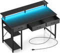 Rolanstar Computer Desk with Power Outlets &amp LED Light 55 inch Home Office Desk with 3 Drawers and Storage Shelves Writing Desk with Monitor Stand Modern Work Desk for Home Office Carbon Black