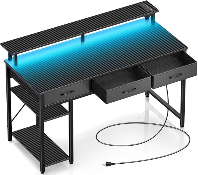 Rolanstar Computer Desk with Power Outlets &amp LED Light 55 inch Home Office Desk with 3 Drawers and Storage Shelves Writing Desk with Monitor Stand Modern Work Desk for Home Office Carbon Black