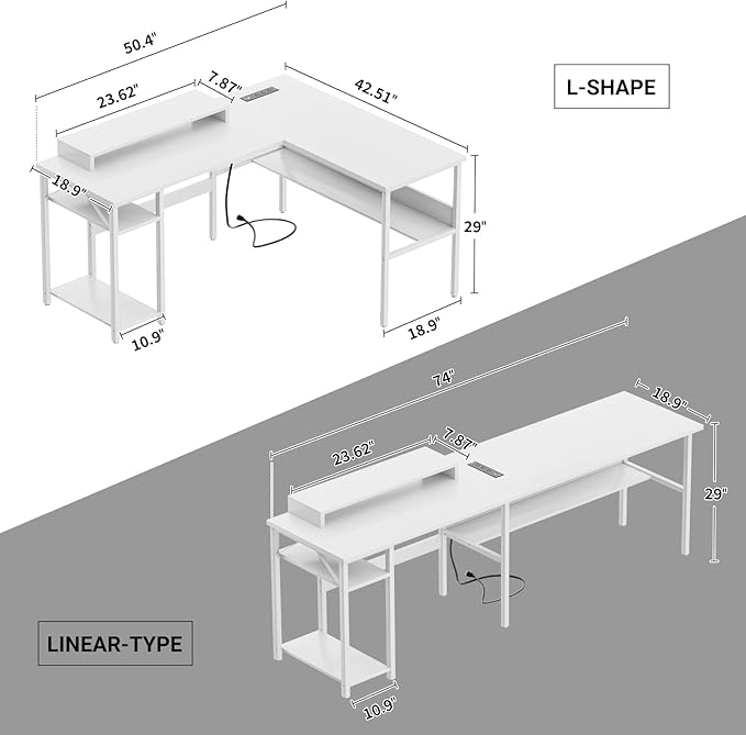 Unikito Reversible L Shaped Computer Desk with Power Outlets and Monitor Stand Sturdy Corner Desk with RGB LED Light and Storage Shelves Modern Work Desk for Home Office Easy to Assemble White