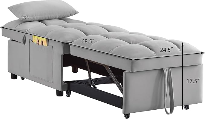 4 in1 Multi-Function Single Sofa Bed with Storage PocketsTufted Single Pull-Out Sofa Bed with Adjustable Backrest and PillowsConvertible Chaise Loungefor Small Room Apartment (Gray)