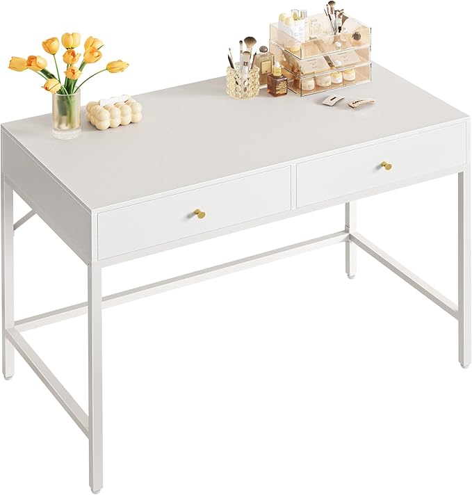 SUPERJARE 39.4 White Desk with 2 Drawers Modern Makeup Vanity Desk Small Computer Desk Home Office Desk for Writing Study Bedroom