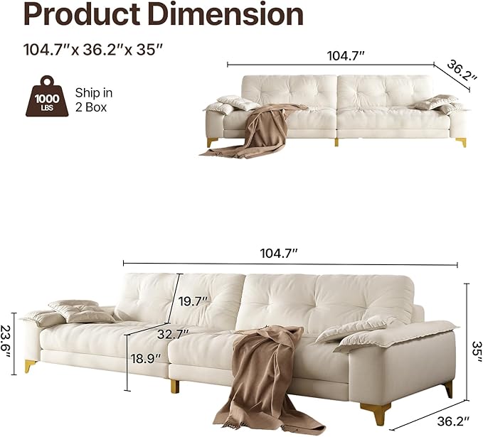 104.7 sectional Couch mid-Century Modern 4-Seater Comfy Cloud Couch for Living Room Office Button Tufted upholstered Metal Legs Sofa Sturdy loveseat (Beige 104.7 Inch)