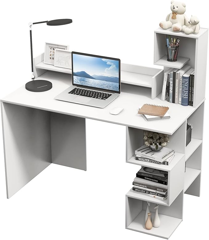 Tangkula White Desk with Storage Bookshelf &amp Hutch 48” Modern Home Office Desk with 8 Storage Shelves Space Saving Writing Study Desk for Bedroom Compact Computer Workstation for Home