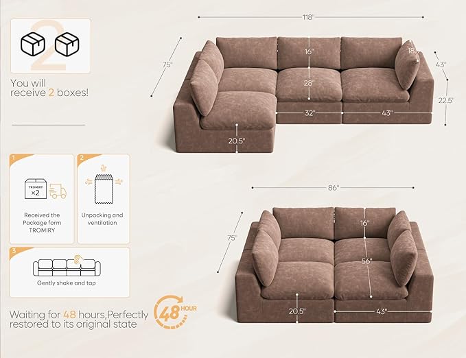 120 Cloud Sectional Couch | Oversize Boneless Couches for Living Room | 4 Seater L-Shape Sofa | Brown