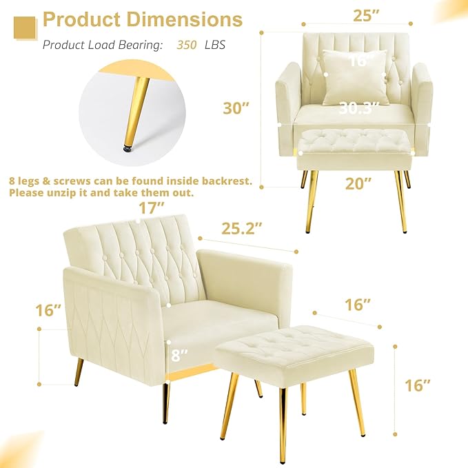 2 Pieces Velvet Sofa Set with Adjustable Armrest and Backrest 70” Convertible Futon Sofa Bed &amp Mordern Accent Chair with Ottoman for Living Room Bedroom Beige