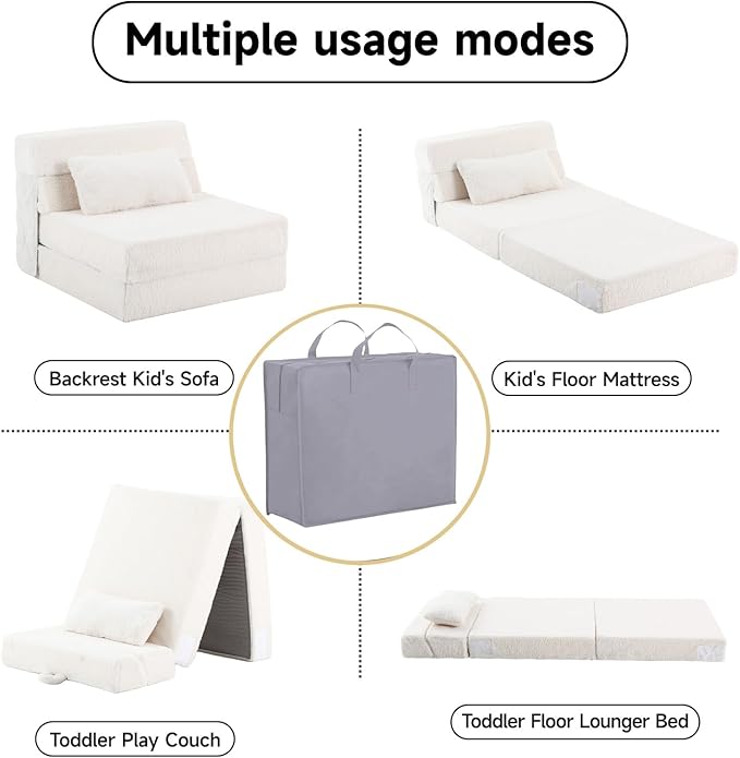 Tiita Convertible Folding Kids Sofa Bed with Pillow &amp Storage Bag Plush Fabric Floor Mattress Couch Bed Washable Cover Kids Room Playroom Dorm Apartment Beige