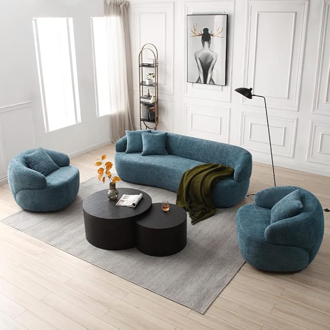 WILLIAMSPACE Swivel Accent Sofa Chair Round Back Boucle Barrel Chair with Pillow Modern Leisure Arm Chair for Hotel Living Room Bedroom Office (Navy Blue)