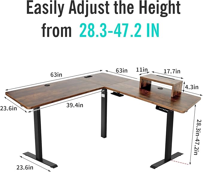 UNICOO L-Shaped Triple Motor Electric Height Adjustable Standing Desk for Gaming &amp Home Office Easy Touch Control &amp Solid Steel Construction (Rustic Brown Top/Black Frame-XOT-L3E-RB)