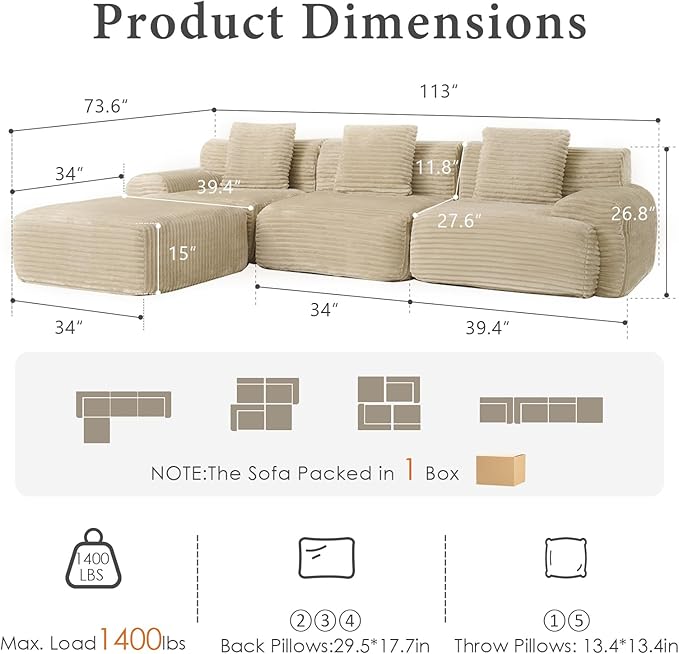 VK·LIVING 113 Cloud Sectional Couch 61.6 Deep Seat Boneless Modular Sofa with Wide Armrests Plush Corduroy Memory Foam Couch for Living Room No Assembly Sage Green