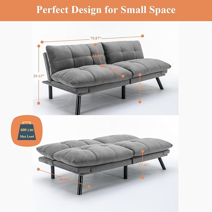 Anwick Futon Sofa Bed Velvet Convertible Futon Sleeper Couch 71 Sleeper Sofa Bed with Adjustable Backrest Modern Loveseat Couch for Compact Living Room Apartment Office (Grey)