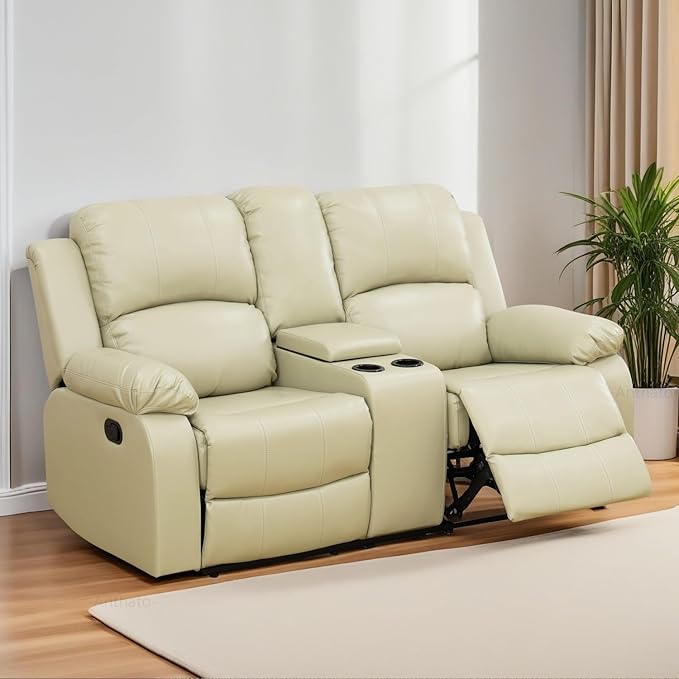 Manual Recliner Loveseat Modern Reclining Loveseat Sofa Living Room Furniture 2 Seater Faux Leather Recliner Sofa with Cup Holders/Storage Console for Living Room/Bedroom/Office/RV Beige
