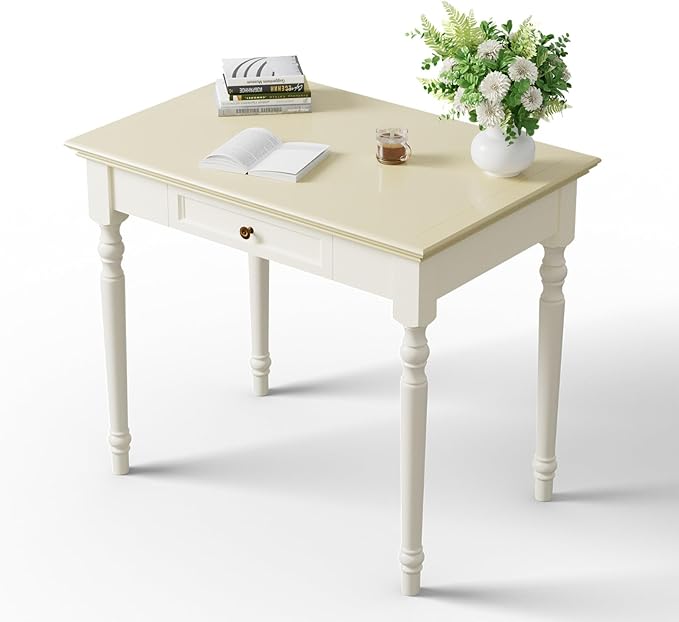 ADORZ French Country Desk 35 Inch Off White Desk with Drawers Solid Wood Writing Desk for Home Office Study Workspace or Bedroom
