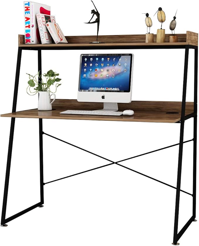 DESIGNA 48 Inch Ladder Desk with Storage Shelves 2-Tier Home Office Students Study Writing PC Computer Gaming Table with Bookshelf Modern Workstation for Small Space Saving Metal Frame Rustic Brown