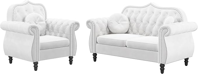AVZEAR Chesterfield 2-Piece Living Room Sectional Sofa Set Mid-Century Modern Upholstered Velvet Sofa Couch Classic Tufted Button Sofa with Nailhead Trim for Living Room (1+2 Seat White)