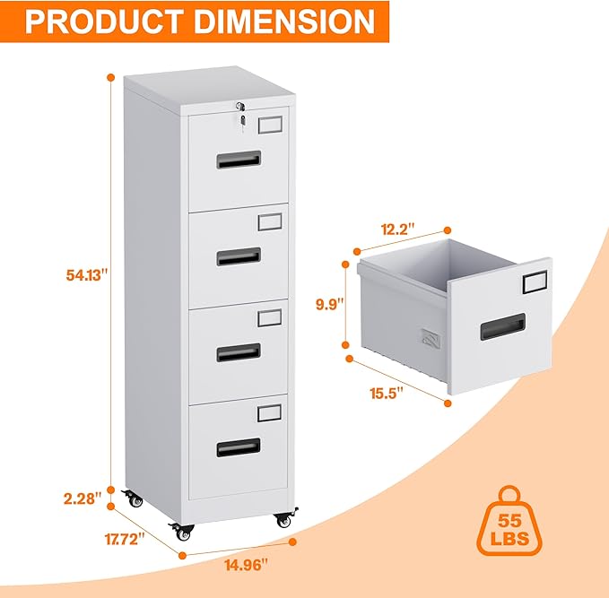 METAN 4 Drawer File Cabinet on Wheels Lockable Metal Filing Cabinet with Handle and Name Card for Office HomeAssembly RequiredWhite