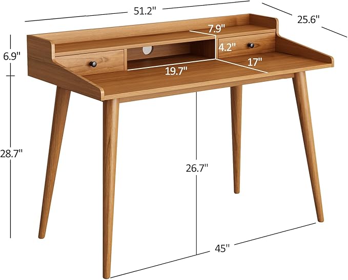 Mid Century Modern Desk 51 Wood Home Office Writing Computer or Laptop Desk with Monitor Stand Riser and Open Storage Cubby Vanity Desk with 2 Drawers (51.2×25.6)