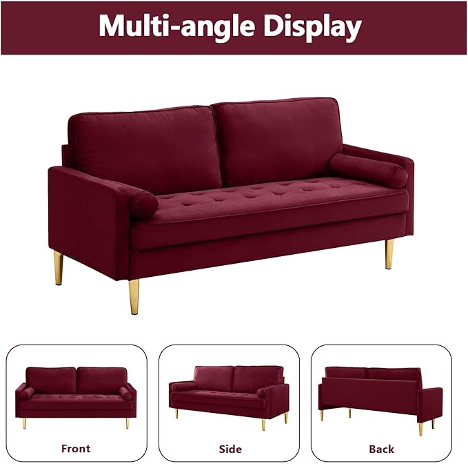 65 Love Seat Sofa Velvet Small Sofa Small Couch for Bedroom Living Room Bedroom Loveseat with 2 Pillows Gold Legs Modern Tufted Seat Upholstered Seating for Office Apartment (Red)