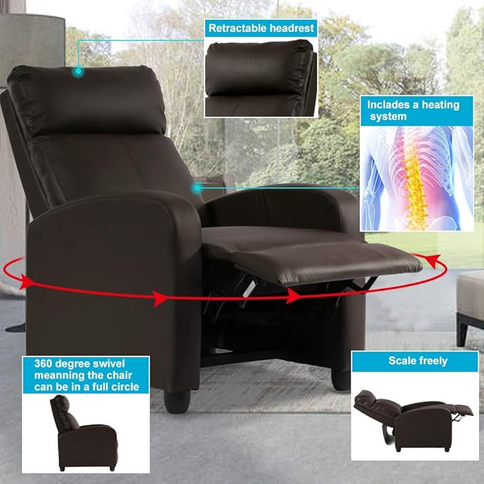 Dkeli Recliner Chair Padded Wide Seat Sofa PU Leather Massage Reclining Chair with Footrest &amp Backrest Wingback Heavy Duty Modern Single Sofa Home Theater Seating Easy Lounge for Living Room Br