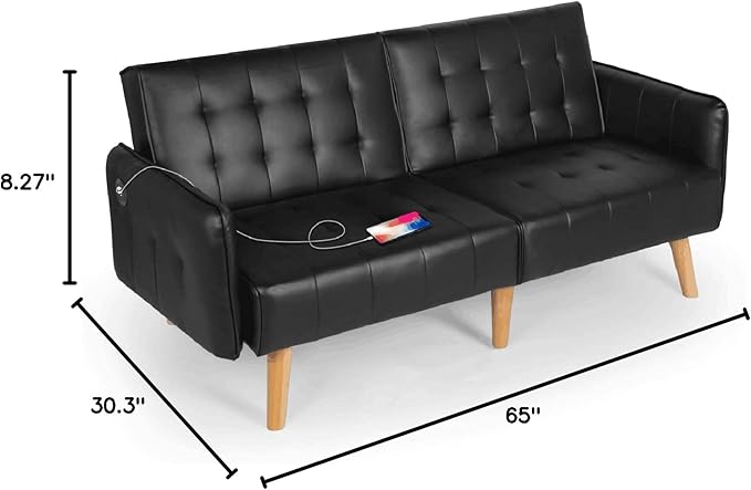 TYBOATLE Faux Leather Convertible 65'' Folding Futon Sofa Bed w/ 2 USB Loveseat for Small Space Apartment Dorm Living Room Office Black