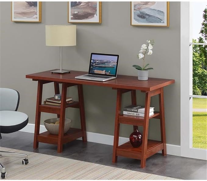 Pemberly Row Modern Double Trestle Desk Warm Cherry Wood Finish Spacious 54 in x 20 in Desktop with 4 Fixed Shelves Particle Board and MDF Home Office Desk for Studying or Working