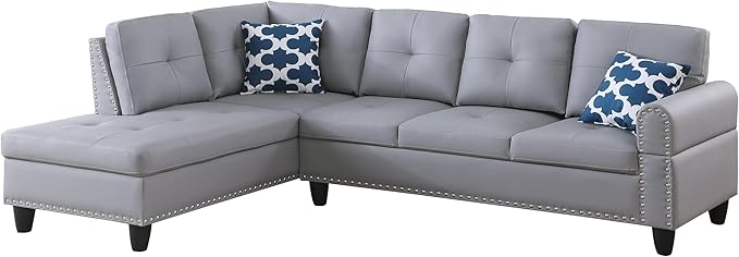 Ball &amp Cast 98 L Shaped Sectional Couch for Living Room4 Seat Faux Leather Upholstered Modular Sectional Sofa Set 2 PCS with ChaiseNailhead TrimCup HoldersCoffee Table and 2 Pillows for Home