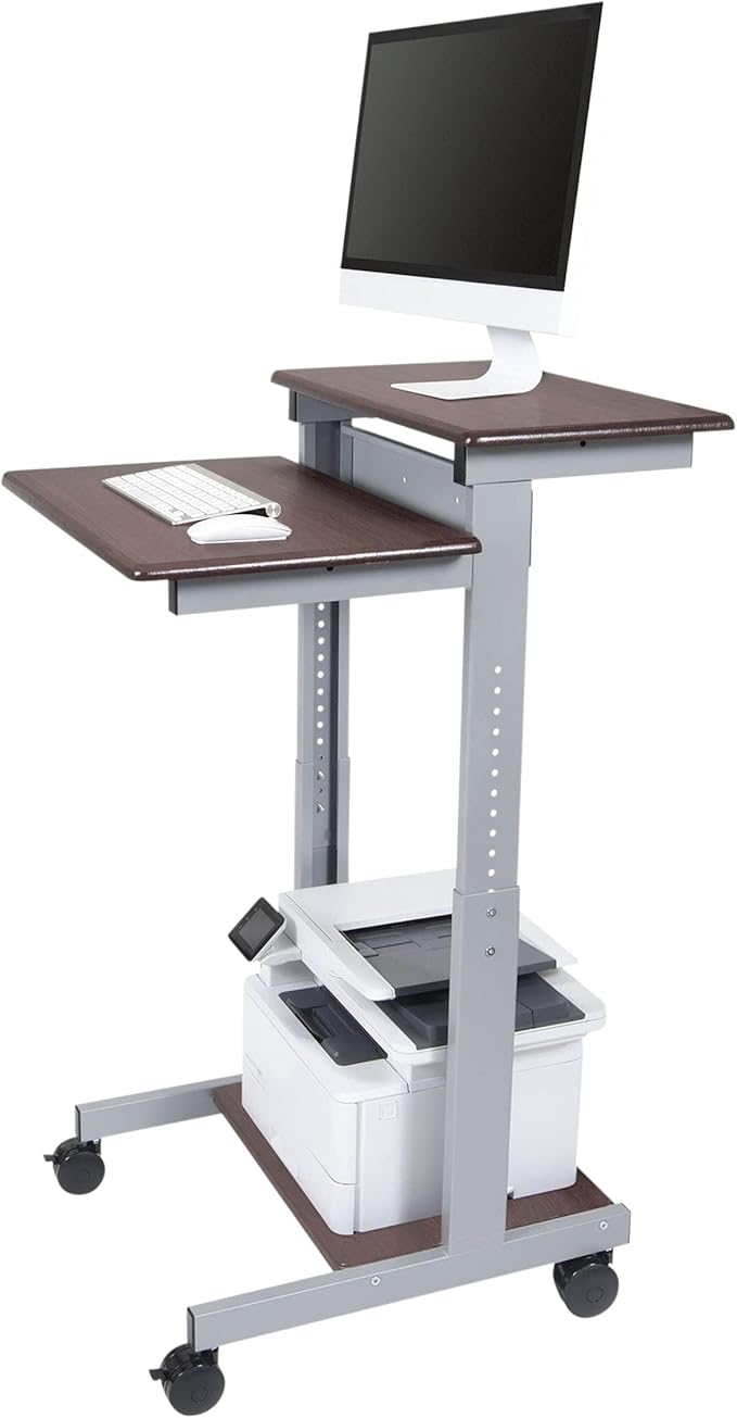 Stand Up Desk Store Rolling Adjustable Height Two Tier Standing Desk Computer Workstation (Silver Frame/Dark Walnut Top 24 Wide)