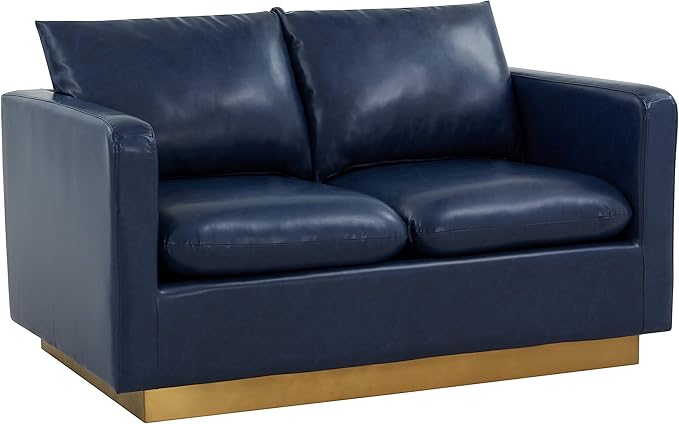 LeisureMod Nervo Modern Upholstered Leather Loveseat Sofa 2-Seater Living Room Couch with Gold Metal Base and Removable Cushions Small Space Furniture for Living Room Office Navy Blue